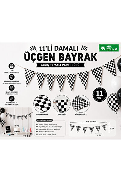 Partifabrik Damalı Yarış Temalı Üçgen Bayrak 10 Lu