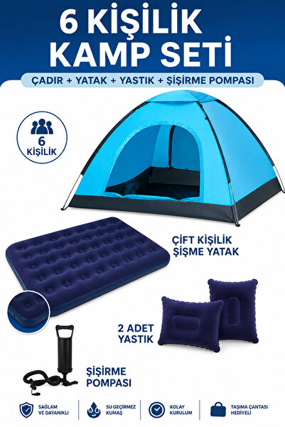 Realx 6 Kişilik Kamp Çadırı Çift Kişilik Yatak ve Yastık Kamp Seti 220x250x15...