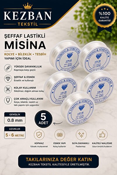 Kezban Tekstil Şeffaf Lastikli 0.8 mm 5 Adet Misina