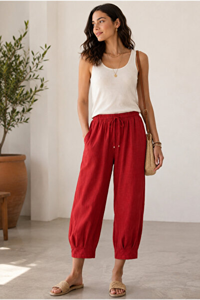sarıdağ Loose-Fitting Wide-Leg Sofia Linen Trousers with Narrow Legs