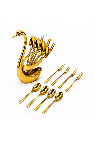 OEM Set linguri și furculițe desert 8 piese, suport lebădă auriu, inox premiu...