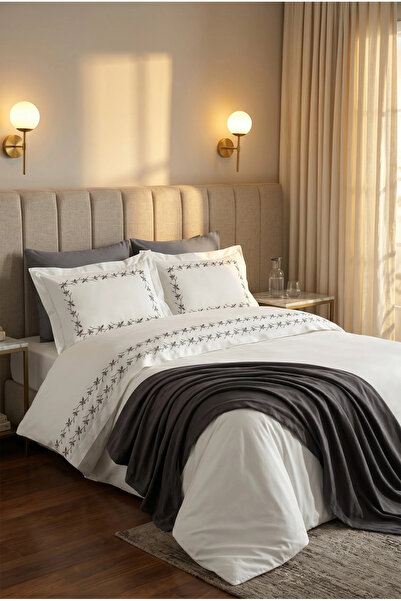 Minelya Home Collection 7 Piece Spring Double Cotton Gray Duvet Cover Set wit...