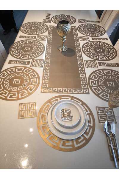 SEHARA Çift Taraflı/1 Runner(100X33)/8 Amerikan Servis (33CM)/8 B.altlığı/8 Kaşıklık/25 Parça/yemek Sunum Takımı/gold/Ekru