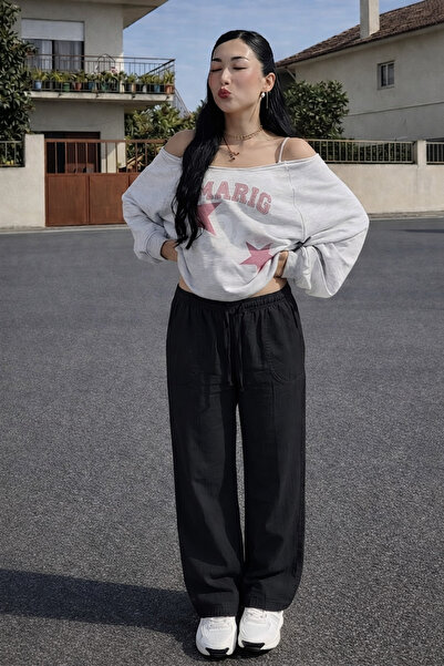 DAMGA JEANS Women's Elastic Waist Wide Leg Black Linen Trousers