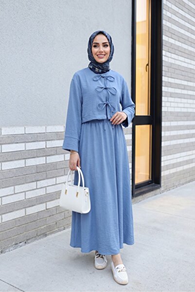 Modamorfo Linen Look Suit with Lace-Up Front and Elastic Waist Skirt - Light ...