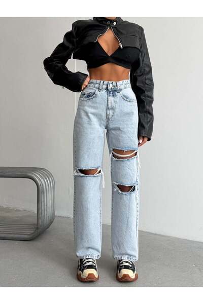 HerTon Women's High Waist Ripped Detailed Straight Leg Cotton Jean Trousers