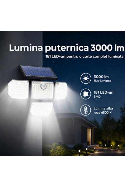 G-Merc Lampa Solara LED Exterior 3000lm, 181 LED, Senzor, 3 Moduri, IP65, 2400mAh, Telecomanda, Baterie 10h
