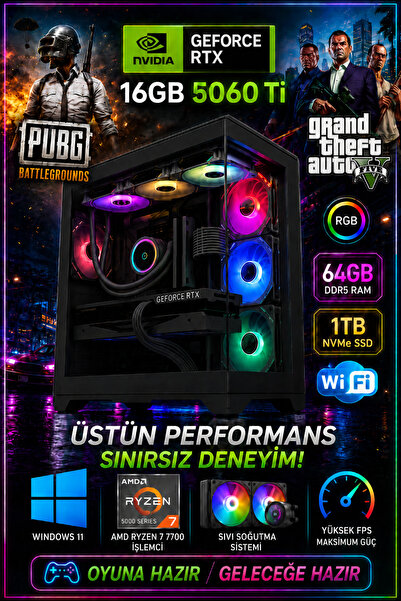 Dmc N336 (PUBG,GTA 5) Windows 11 RYZEN 7 7700,64GB DDR5,1TB M2,16GB RTX5060Ti...