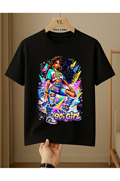 VİVA LORA Tricou unisex Noltalji Girl 90's, 100% bumbac, cu guler tip ciclism...