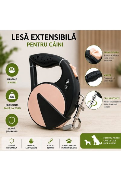 OEM Lesa Extensibila pentru Caini 5 Metri, Retractabila, Rezistenta pana la 20kg, Frana si Blocare Rapida, Maner Ergonomic, Roz-Negru