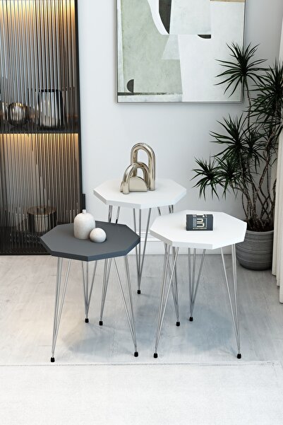 BARIN DESIGN 3'lü Sekizgen Zigon Sehpa Seti - Gümüş Metal Ayaklı, Modern & Şı...