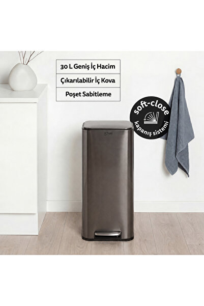 5FIVE Delta Kare Metal Pedallı Çöp Kovası 30 L – Sessiz Kapanma, Metal Gövde,...