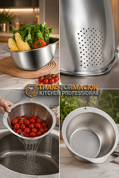Transformacion Inox Pirinç Süzgeci Profesyonel Pirinç Yıkama Süzgeci - 304 Paslanmaz Çelik Çok Amaçlı Salata & Makarna Süzme ve Karıştırma Kabı 721080