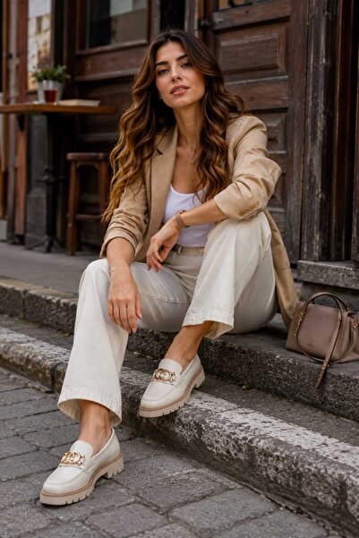 Mammamia ERN-03765 EREN SHOES&BAG Hakiki Deri Krem Saraçlı Tokalı Eva Taban L...