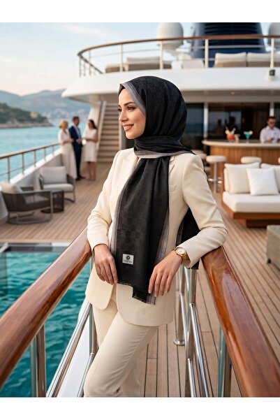 Vissona %57 İpek %43 Pamuk Monogram Dokumalı Siyah-Gri Renkli 70X190 Yumuşak ...