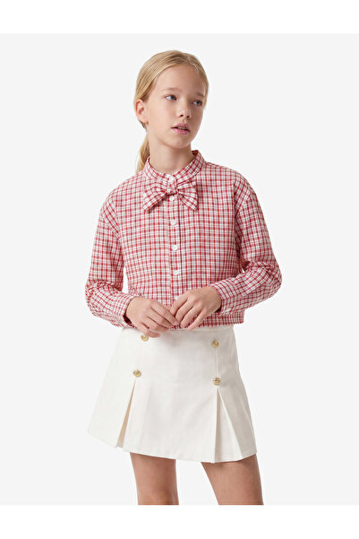 Koton Cotton Long Sleeve Plaid Shirt with Bow Detail and High Collar