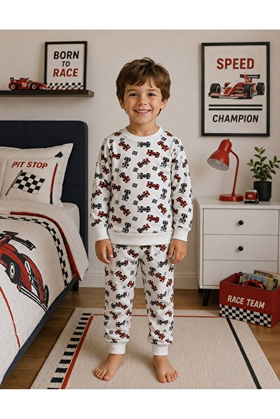 Pajama Shop طقم بيجامة موسمي بأكمام طويلة من القطن للأولاد بنمط سيارة فورمولا 1