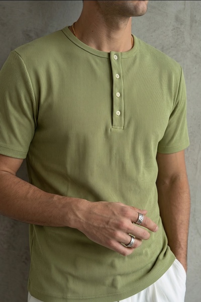 Livio Ferri Liiri 100% Cotton Premium Ribbed Henley Collar Half Button Regular Fit Basic Summer Light Green Men's T-Shirt
