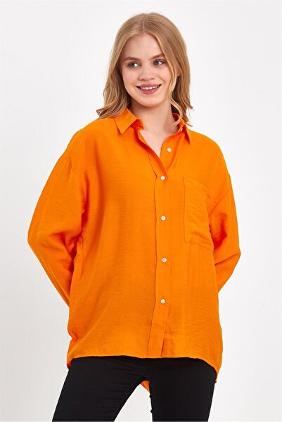 VENA Women's Tina Oversize Krinkle Shirt - Orange