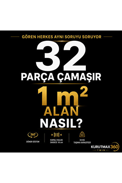 KURUTMAX 360 Twin İki Katlı Çamaşırlık,Dönerli şemsiye Şeklinde Çamaşır Kurut...