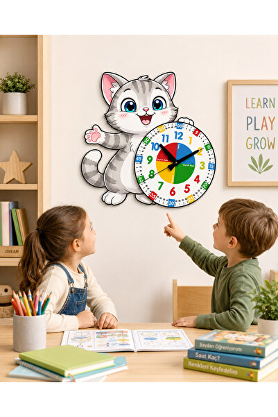 karbonsoft Sevimli Kedi Montessori Çocuk Odası Eğitici Ahşap Duvar Saati - Se...