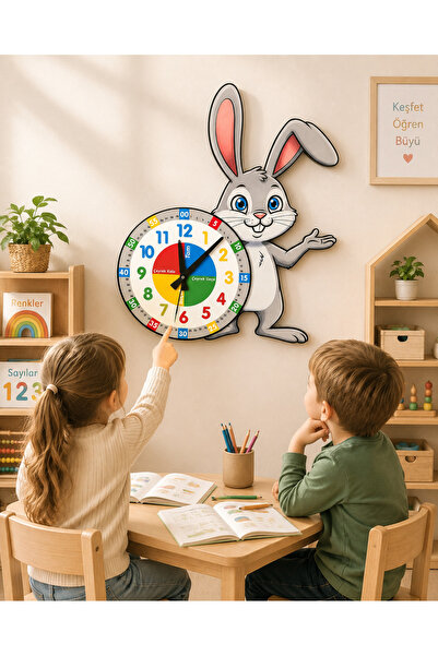 karbonsoft Sevimli Zeki Tavşan Montessori Çocuk Odası Eğitici Ahşap Duvar Saa...