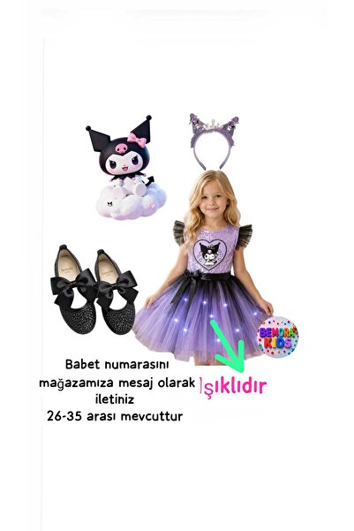 3b kids kuromi ışıklı elbise kostüm kuromi taç kuromi siyah babet doğum günü ...