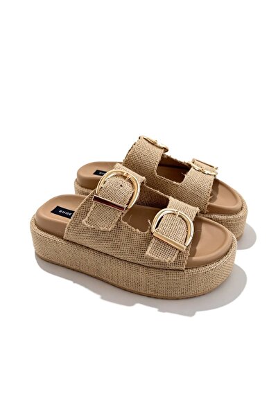 Shoebutik Giza Hasır Natural Yüksek Dolgu Topuk Kadın Terlik