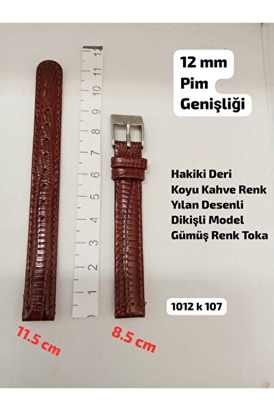 Brality 12 mm Uyumlu Kol Saati Kordonu- HAKİKİ DERİ- Koyu Kahve Renk Yılan De...