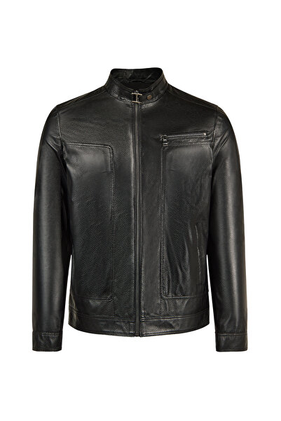 Derimod Felibe Men's Black Judge Collar Leather Jacket 26Sge643231