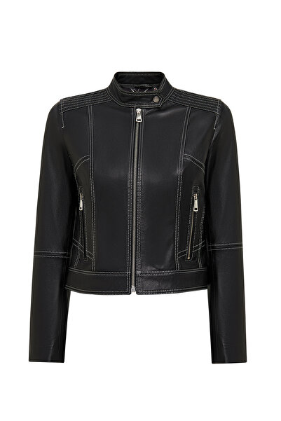 Derimod Joy Women's Black Short Leather Jacket 25Wge5617Jb