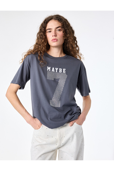 Koton Cotton Comfortable Fit Stone Detailed Short Sleeve Crew Neck T-Shirt