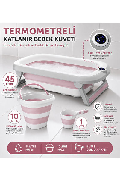 New Folding Baby Bathtub with Thermometer 45 Lt. Set of 3 Gray