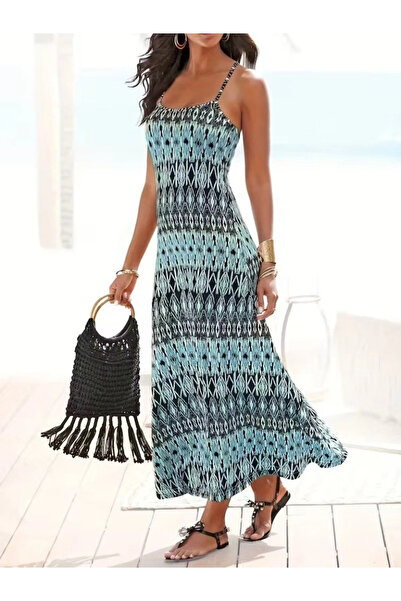 Generic Brand Women's Rope Strap V-Neck Long Patterned Single Jersey Dress