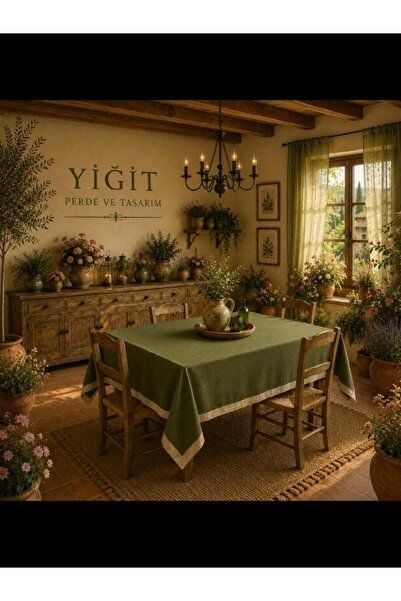 Karesi 116 YİĞİT PERDE VE TASARIM TOPRAK YEŞİL ZEMİN BEJ BİYE GEÇİŞLİ KADİFE ...