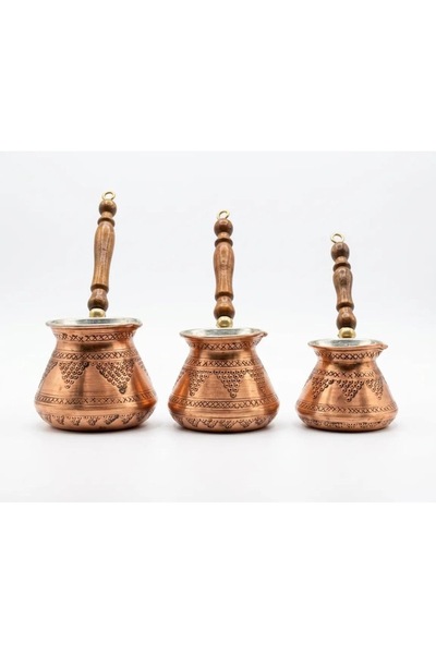AURA COPPER Bakır Cezve Ağır El İşleme Saplı 3'lü Takım - Üzüm Desenli Metali...