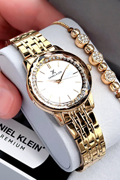 Daniel Klein ساعة يد نسائية 3 أتم مقاومة للماء لون ذهبي سوار فولاذي + سوار مع...