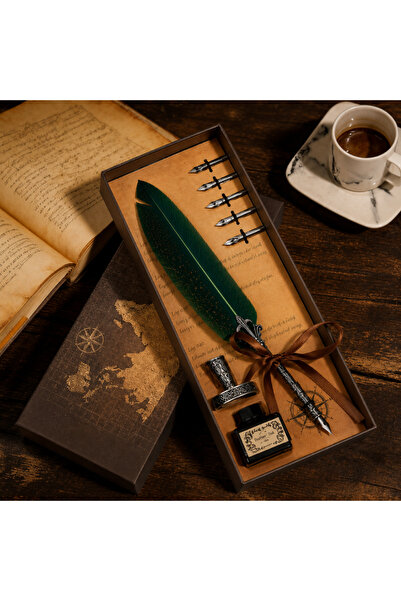 OEM Set cadou de caligrafie vintage, cu o pana verde, cerneală și 7 accesorii