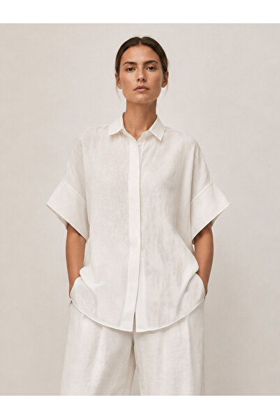RİVUS Short Sleeve Oversize Linen Shirt - White
