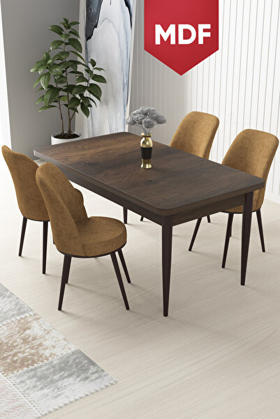 Canisa Nil Serisi 70x110 MDF Sabit Barok Ahşap Desen Masa Takımı ve 4 Cappuci...