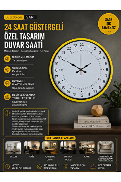 Other 36 Cm Sarı 24 Saat Göstergeli Özel Tasarım Duvar Saati