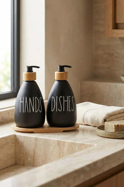 Tutku Home 2'li Bambu Standlı Cam Sıvı Sabunluk / Hands & Dishes