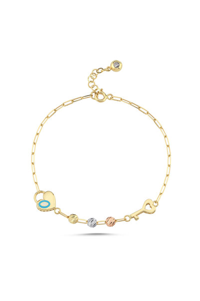 Sembol Gold Kalp & Nazar Detaylı Altın Bileklik 17-20 cm