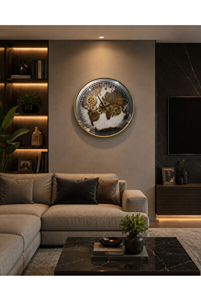 Evdeki Mağaza 60x60cm AYNA DESENLİ GOLD HARİTA ÇARKLI DUVAR SAA