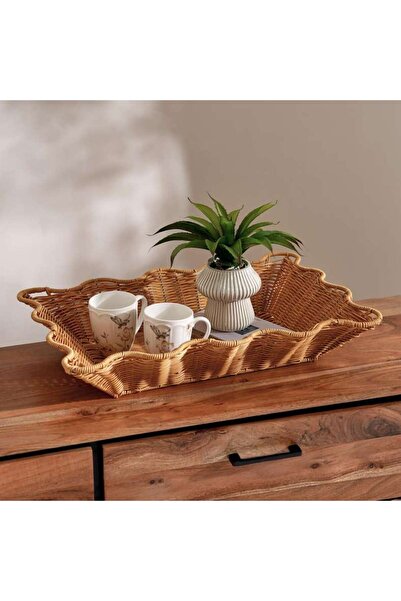 PAN HOME صينية دييا من البلاستيك والروطان 60x39.5x11 سم - بني