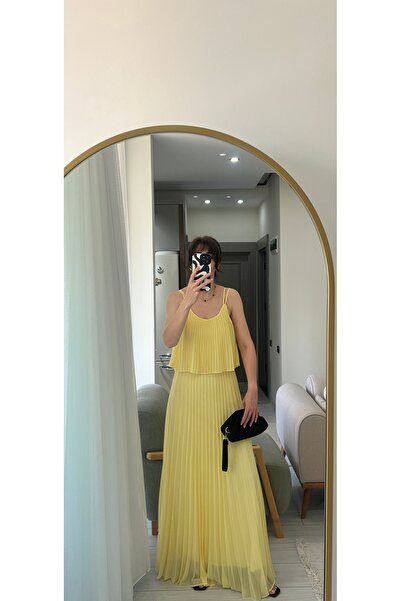 Butik Sarı Piliseli Şifon Elbise