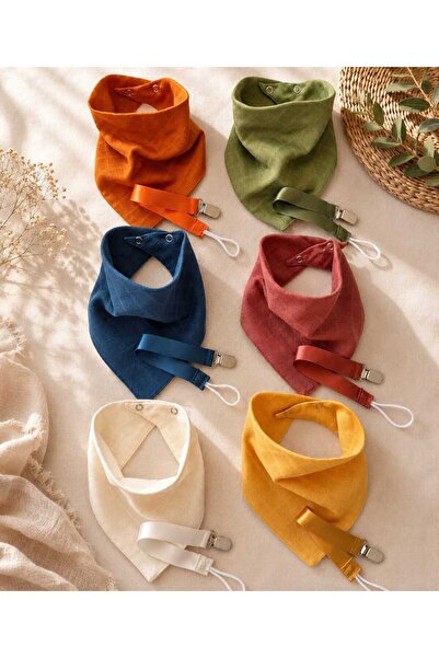 3Baby 12 Parça Set / 6 Adet Müslin Fular, Salya Önlük / 6 Adet Emzik Askısı / Bebek Hediyelik