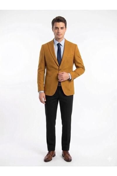 Presto Erkek 6 Drop Slim Fit Sivri Yaka Camel Ceket – Premium Kumaş Özel Kalı...