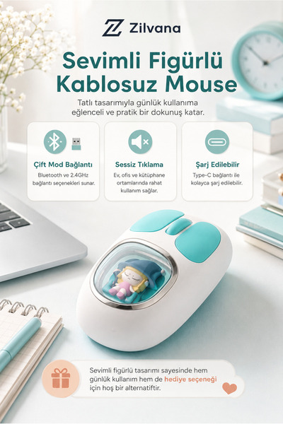 Zilvana Sevimli Oyuncak Detaylı Bluetooth Kablosuz Mouse Şarjlı Sessiz Çift Mod