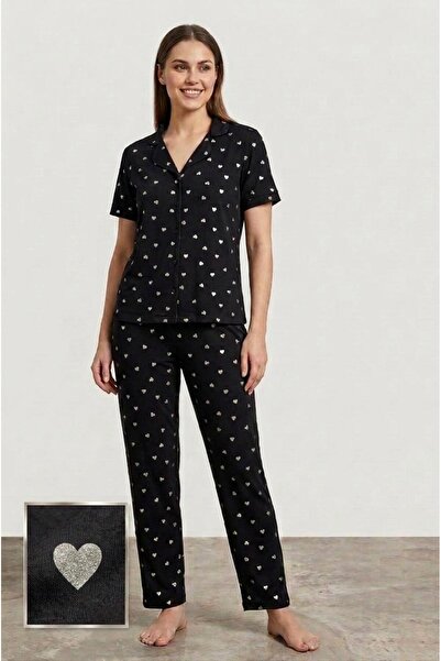 FAMES PİJAMA Yazlık Düğmeli Kısa Kol Syah Küçük Kalp Pijama Takımı